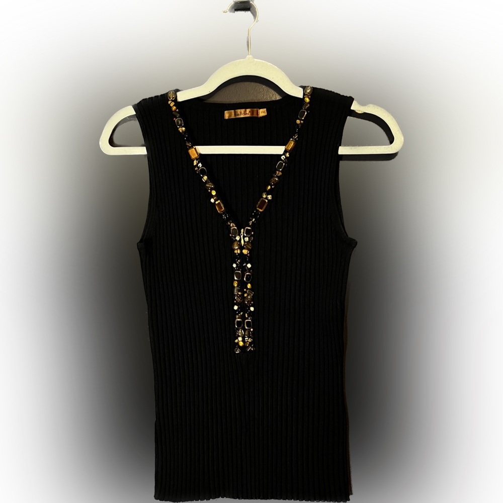 🌟HP Belldini Rib Knit Amber Topaz Jewel Gold Zipper Tank | Black | Size PXL
